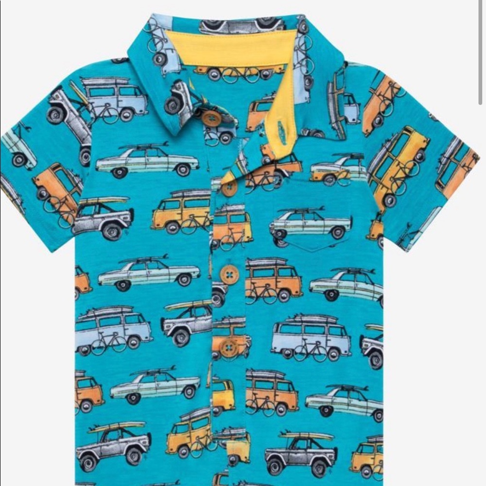 SOLD- POSH PEANUT BOYS BLUE MARINO - SHORT SLEEVE COLLARED HENLEY ROMPER